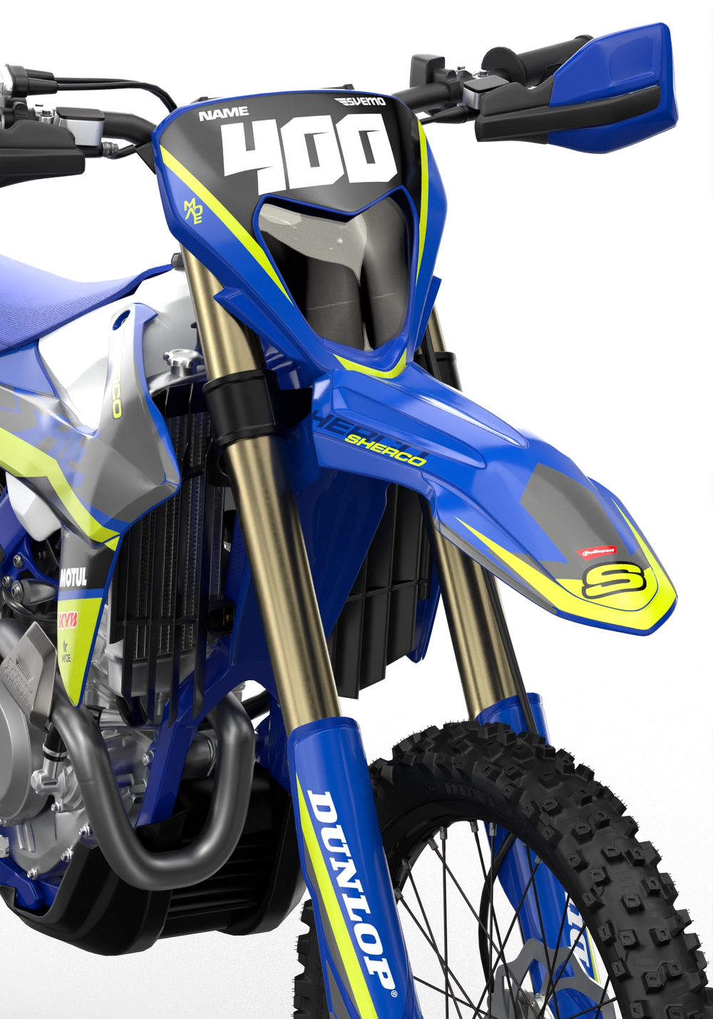 Sherco SE enduro dirt bike graphics in blue, grey and yellow colors