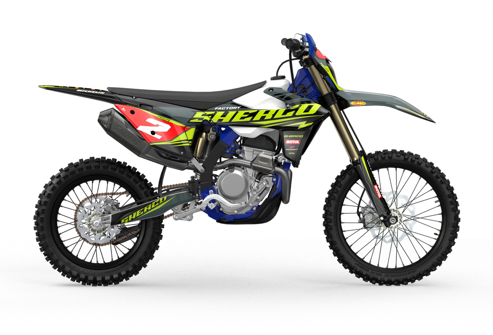 Sherco SE enduro Factory dirt bike graphics in blue, grey and yellow colors Black#color_black