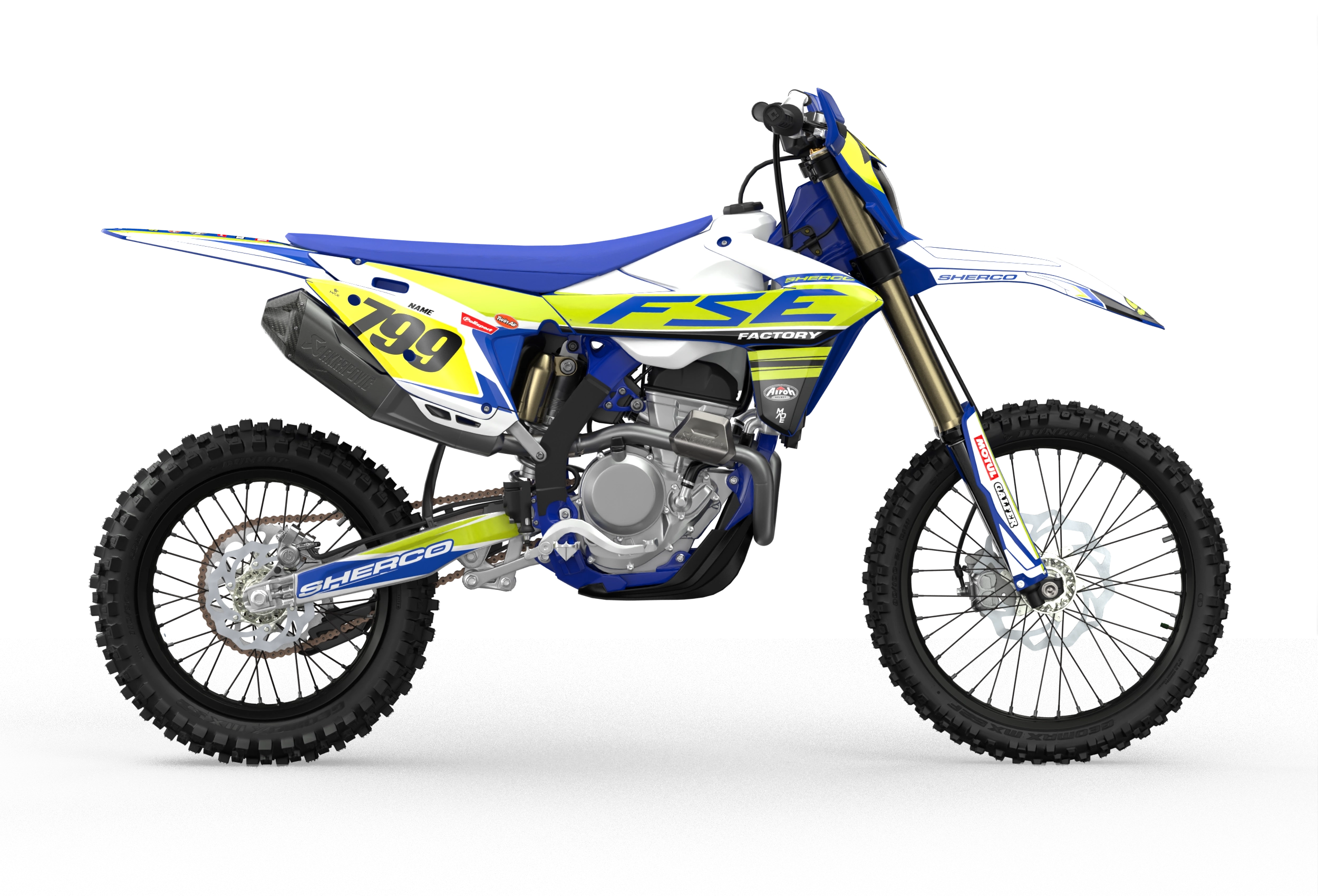 Sherco SE enduro Factory dirt bike graphics in blue, grey and yellow colors