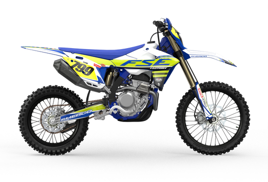 Sherco SE enduro Factory dirt bike graphics in blue, grey and yellow colors