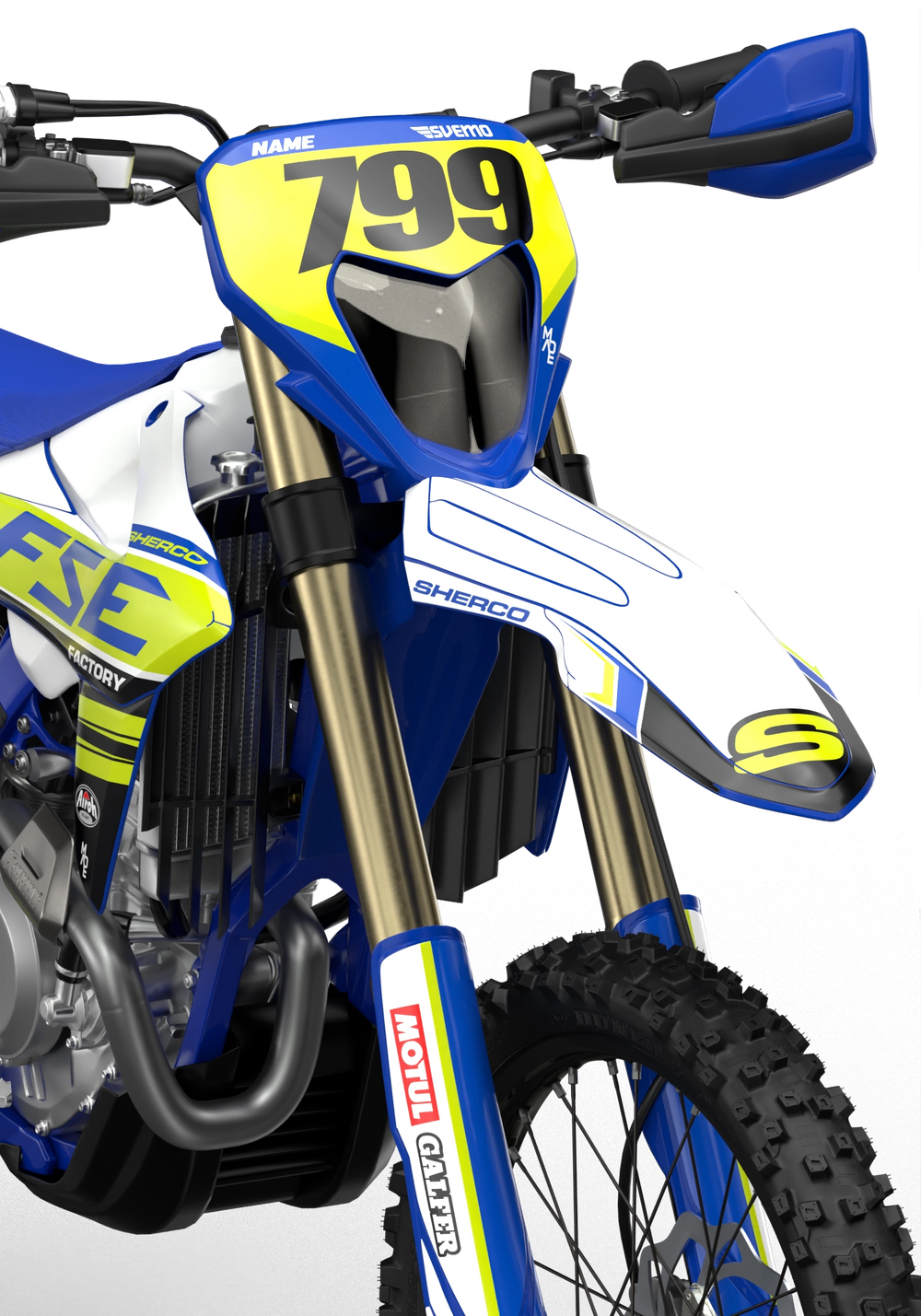 Sherco SE enduro Factory dirt bike graphics in blue, grey and yellow colors