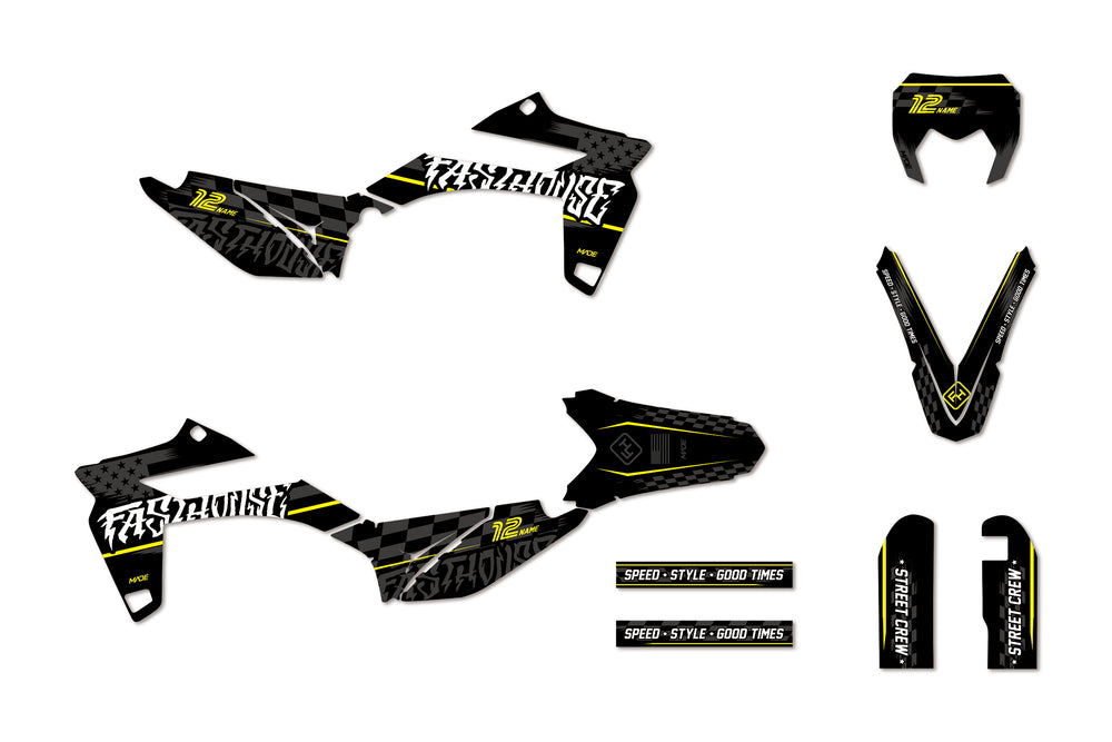 Fasthouse Black and yellow premium graphics for Sherco mopeds