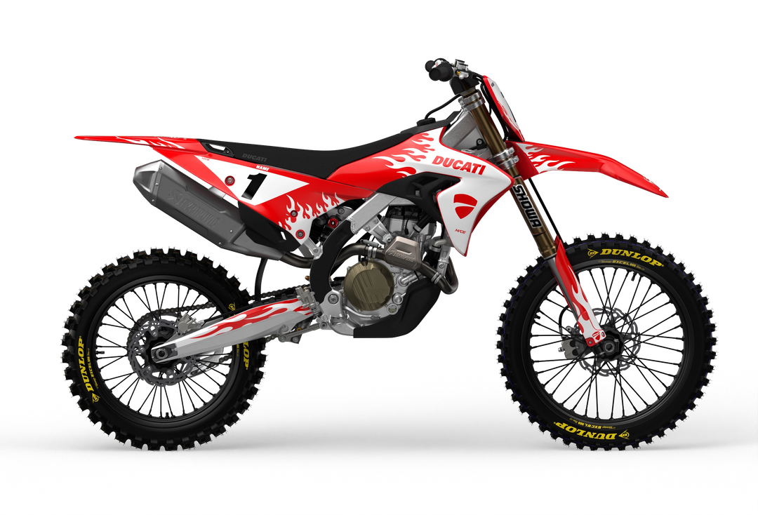 Ducati Desmo Premium graphics with flame design element from madestickers.com White#color_white