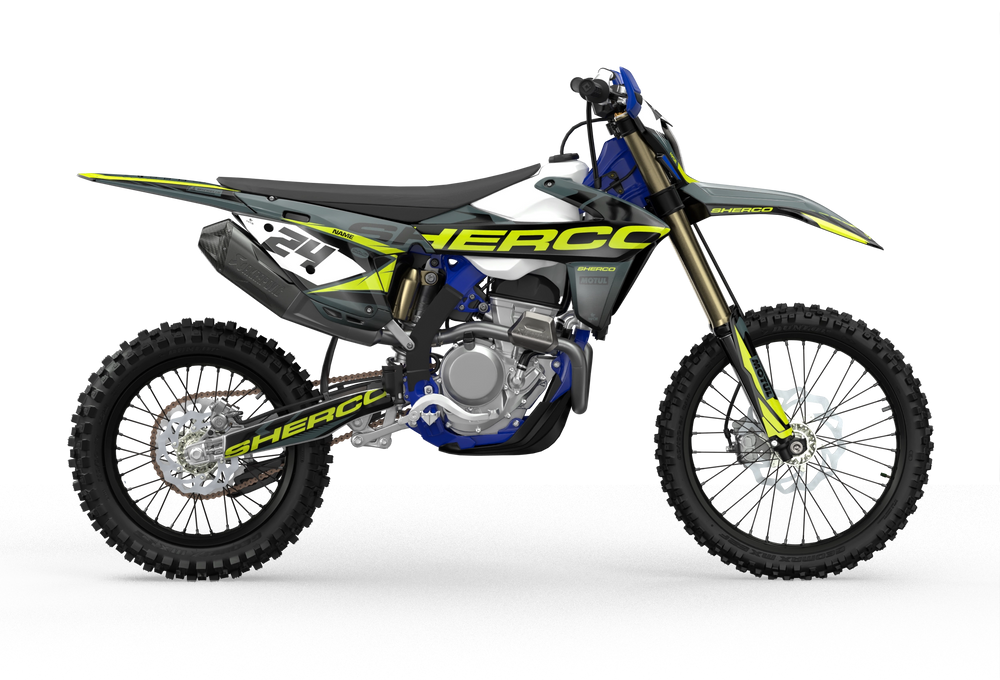 Sherco SE enduro Factory dirt bike graphics, Yellow, blue, grey, black colors
Black#color_black