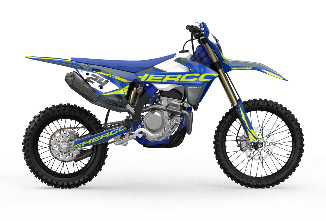 Sherco SE enduro Factory dirt bike graphics, Yellow, blue, grey, black colors
Blue#color_blue