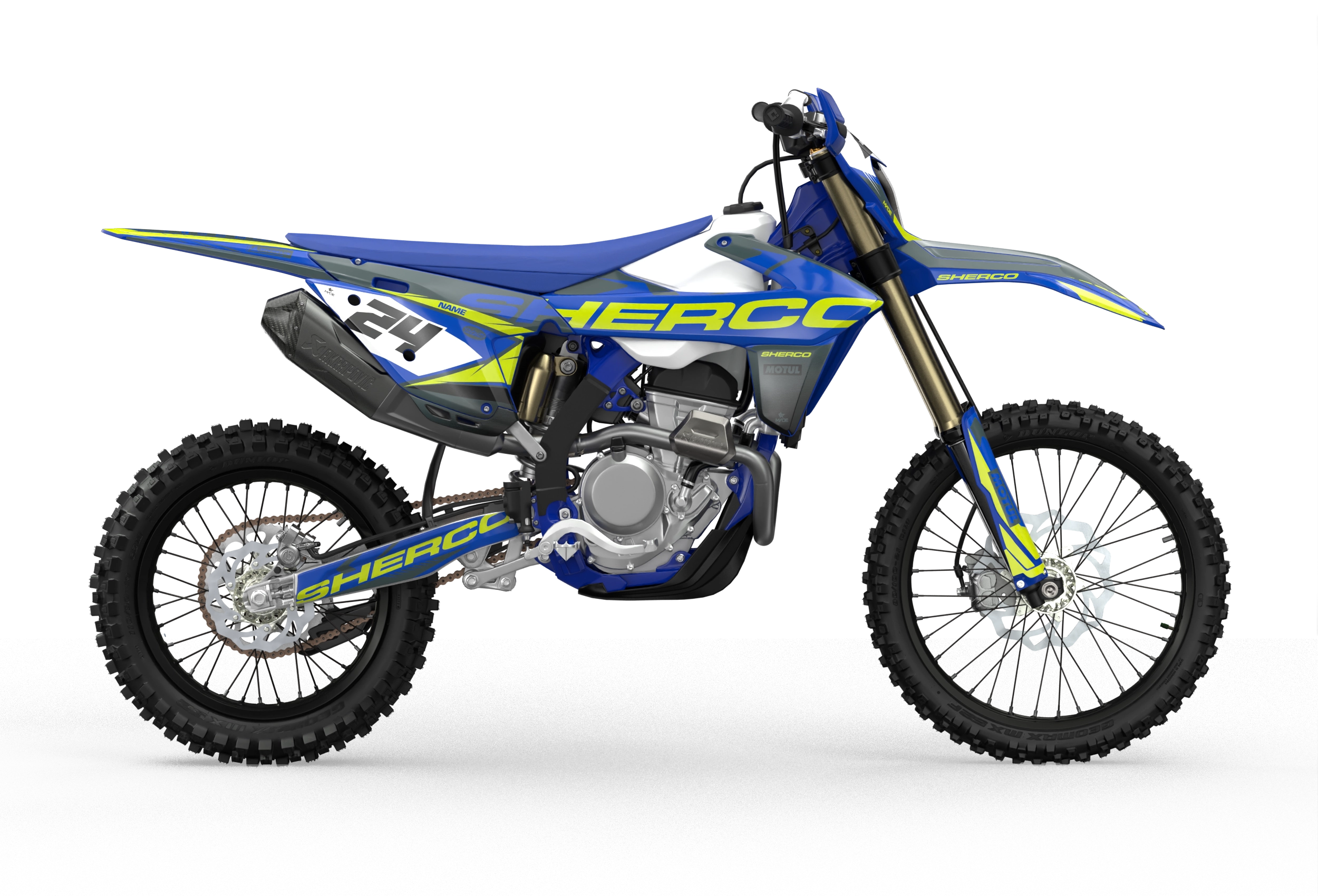 Sherco SE enduro Factory dirt bike graphics, Yellow, blue, grey, black colors
Blue#color_blue