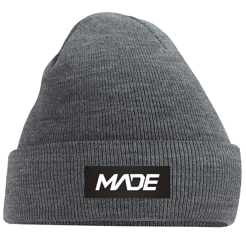 Gray beanie with 'MADE' logo on a Black background - Madestickers.com Grey#color_grey