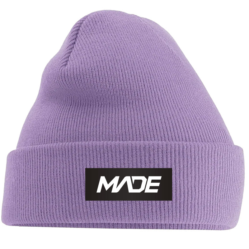 Purple beanie with 'MADE' logo on a black background - Madestickers.com Lavender#color_lavender
