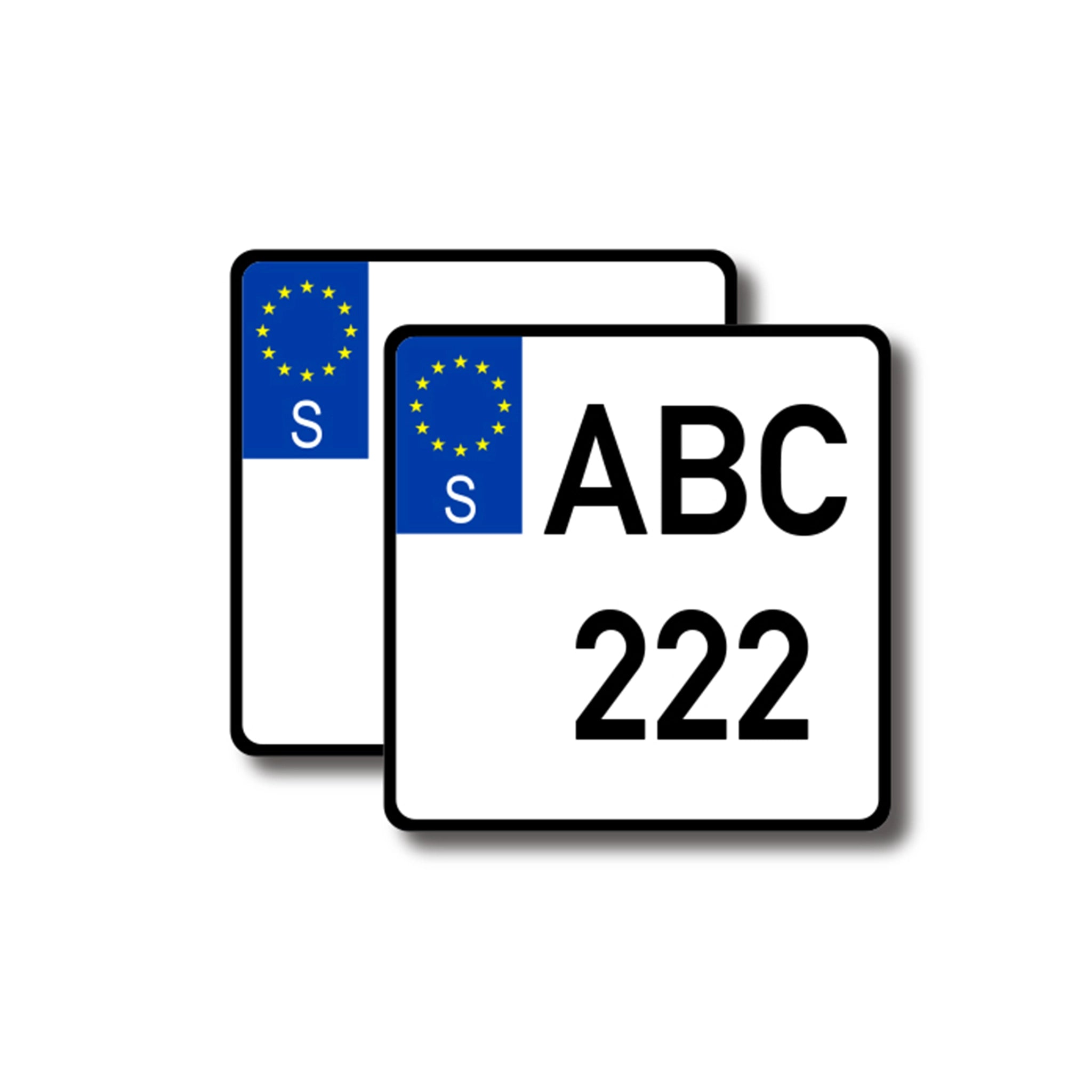 Two European-style vehicle number plates with a blue EU flag and black text on a white background for SWEDEN