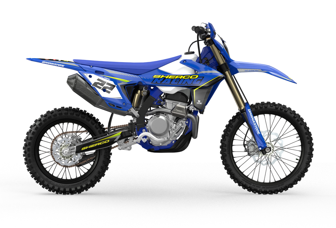 Racing Sherco SE enduro Factory dirt bike graphics in blue, grey and yellow colors