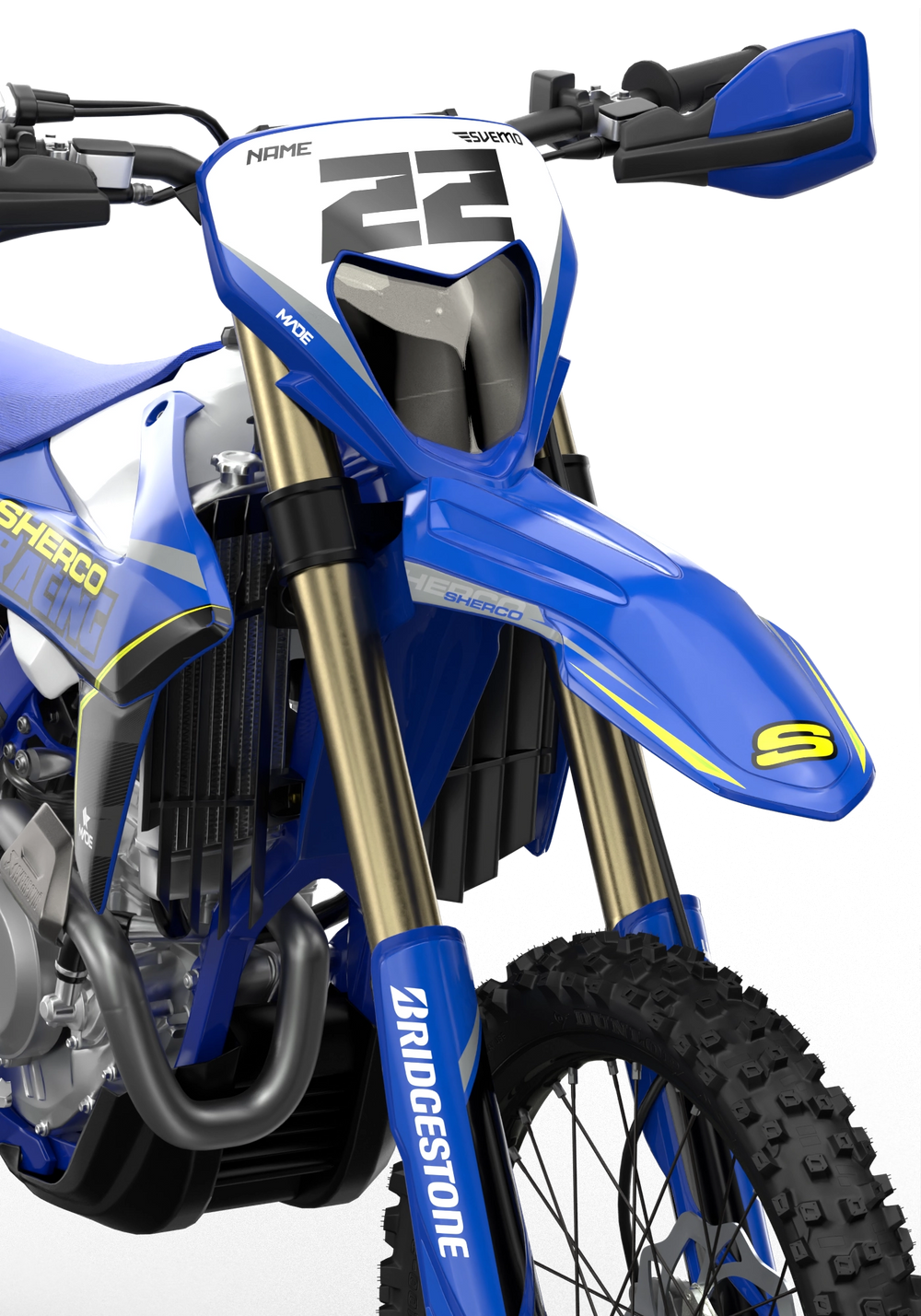 Racing Sherco SE enduro Factory dirt bike graphics in blue, grey and yellow colors
