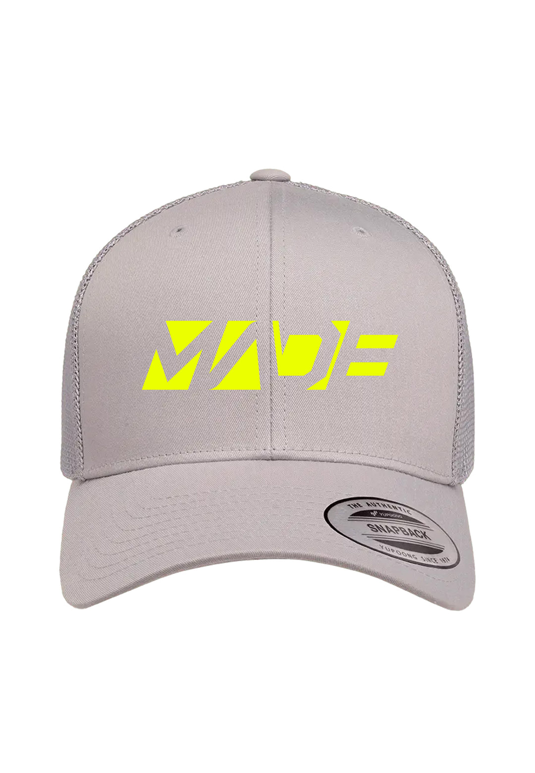 Gray cap with yellow MADE logo on a gray background - madestickers.com
