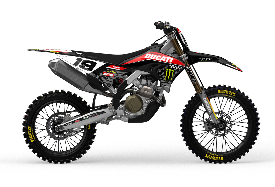 Ducati Desmo as stock design with monster energy logo on side shrouds, front and rear fenders from madestickers.com Black#color_black