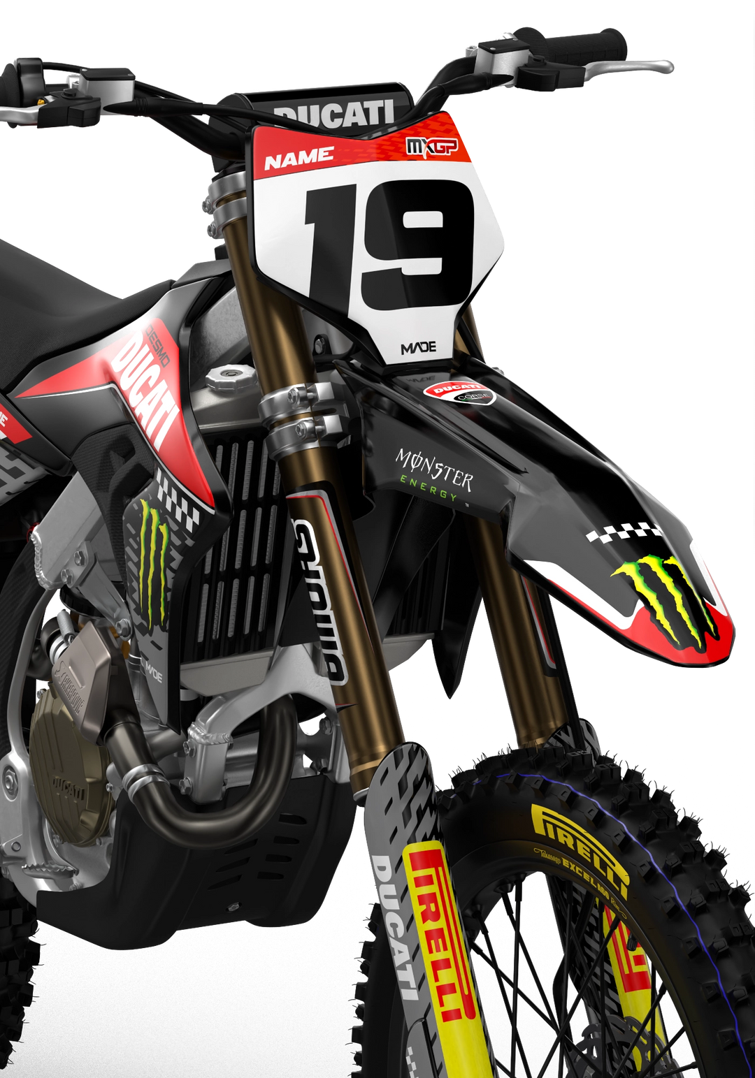 Ducati Desmo as stock design with monster energy logo on side shrouds, front and rear fenders from madestickers.com Black#color_black