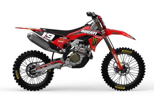 Ducati Desmo as stock design with monster energy logo on side shrouds, front and rear fenders from madestickers.com Red#color_red