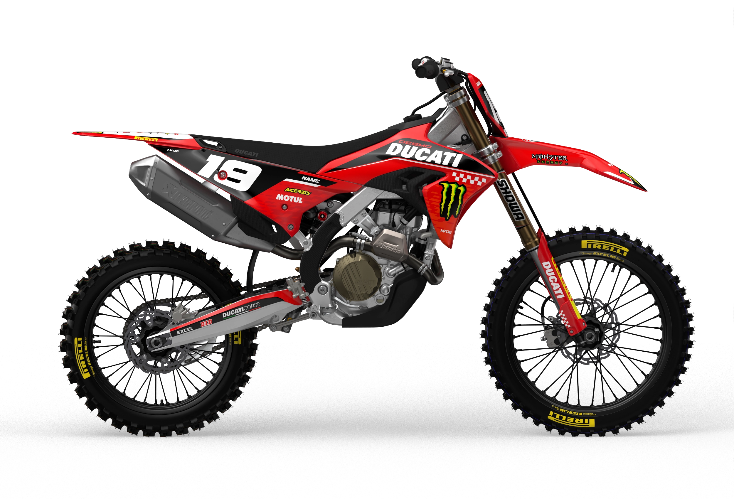 Ducati Desmo as stock design with monster energy logo on side shrouds, front and rear fenders from madestickers.com Red#color_red