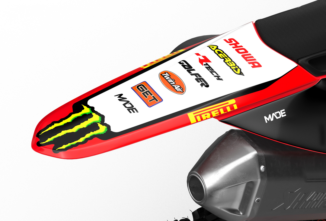 Ducati Desmo as stock design with monster energy logo on side shrouds, front and rear fenders from madestickers.com Red#color_red