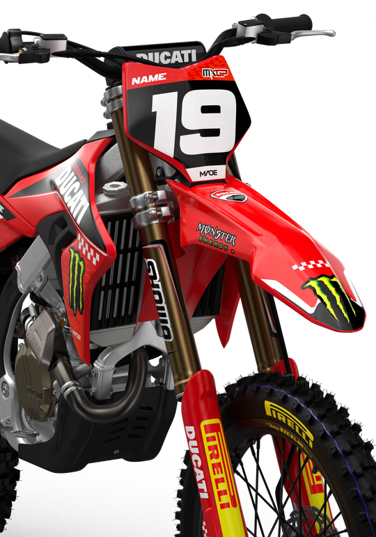 Ducati Desmo as stock design with monster energy logo on side shrouds, front and rear fenders from madestickers.com Red#color_red